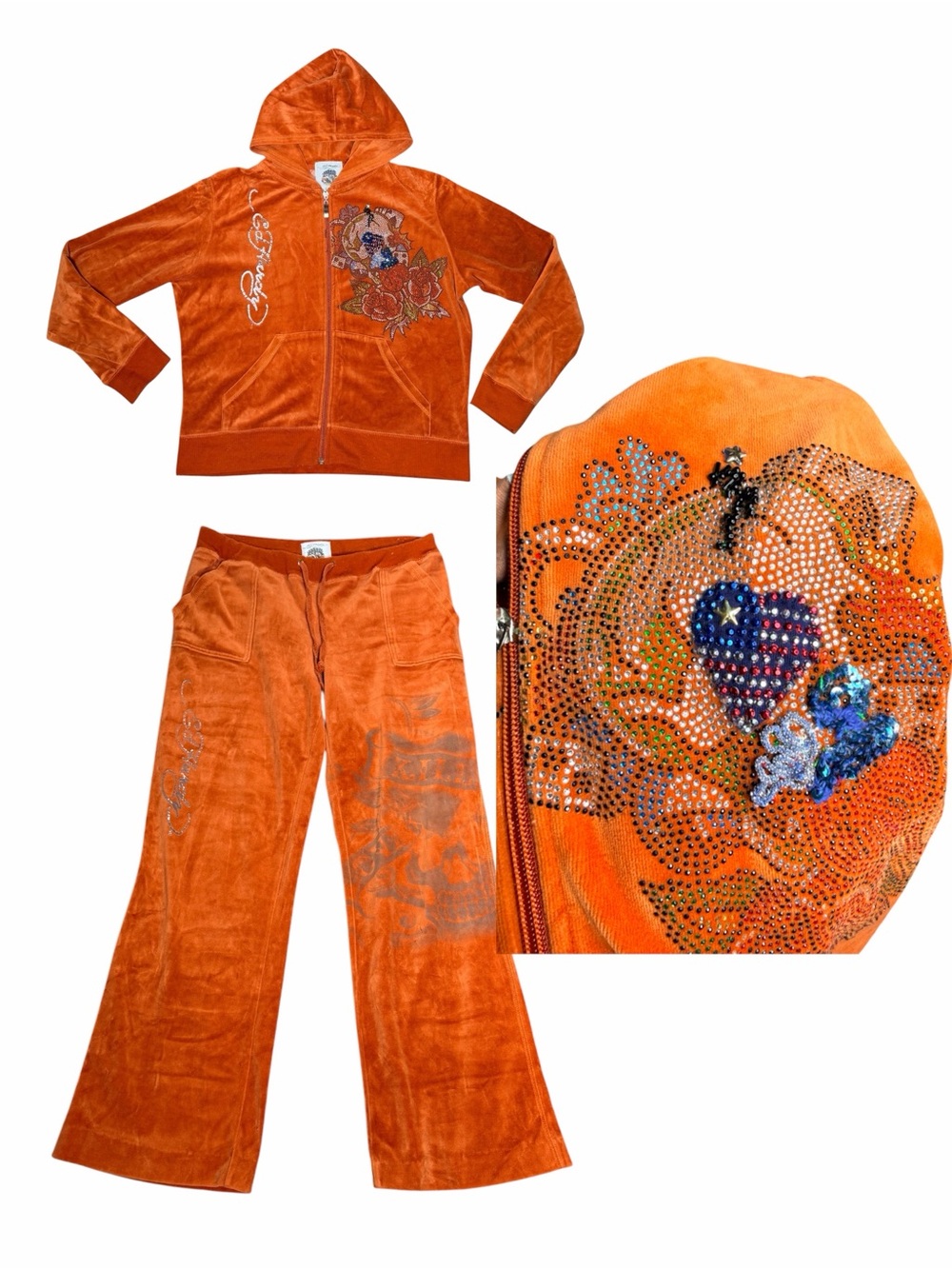 VTG Y2K Ed Hardy Women XL Orange Velour Tracksuit Set Rhinestone Skull
